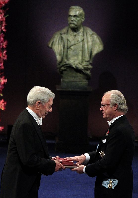 Llosa of Peru receives the 2010 Nobel Prize in Literature from Swedish King Carl XVI Gustaf at the Concert Hall in Stockholm