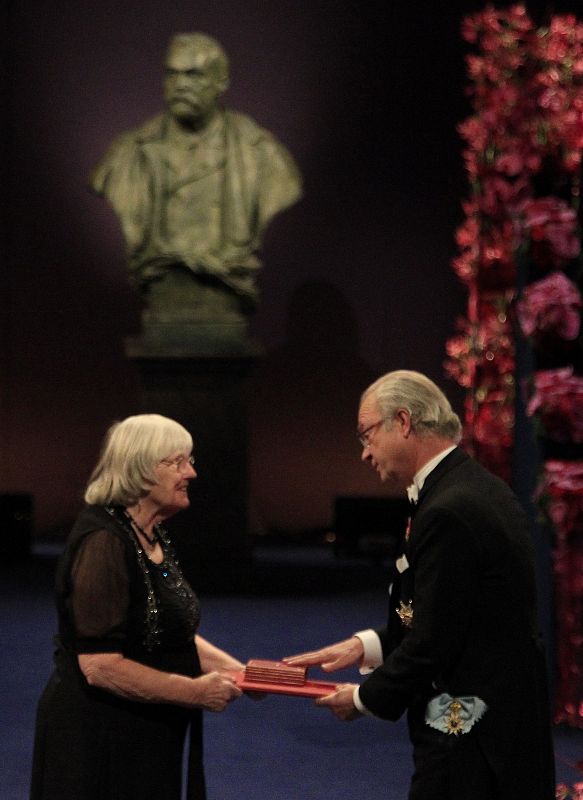 Ruth Fowler Edwards accepts 2010 Nobel Prize in Physiology or Medicine on behalf of her husband Robert G. Edwards from Swedish King Carl XVI Gustaf at Concert Hall in Stockholm