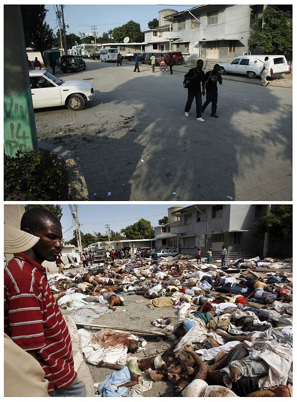 Secuencia de imágenes del exteiror de la morgue del Hospital General de Puerto Píncipe, después del terremoto de 2010