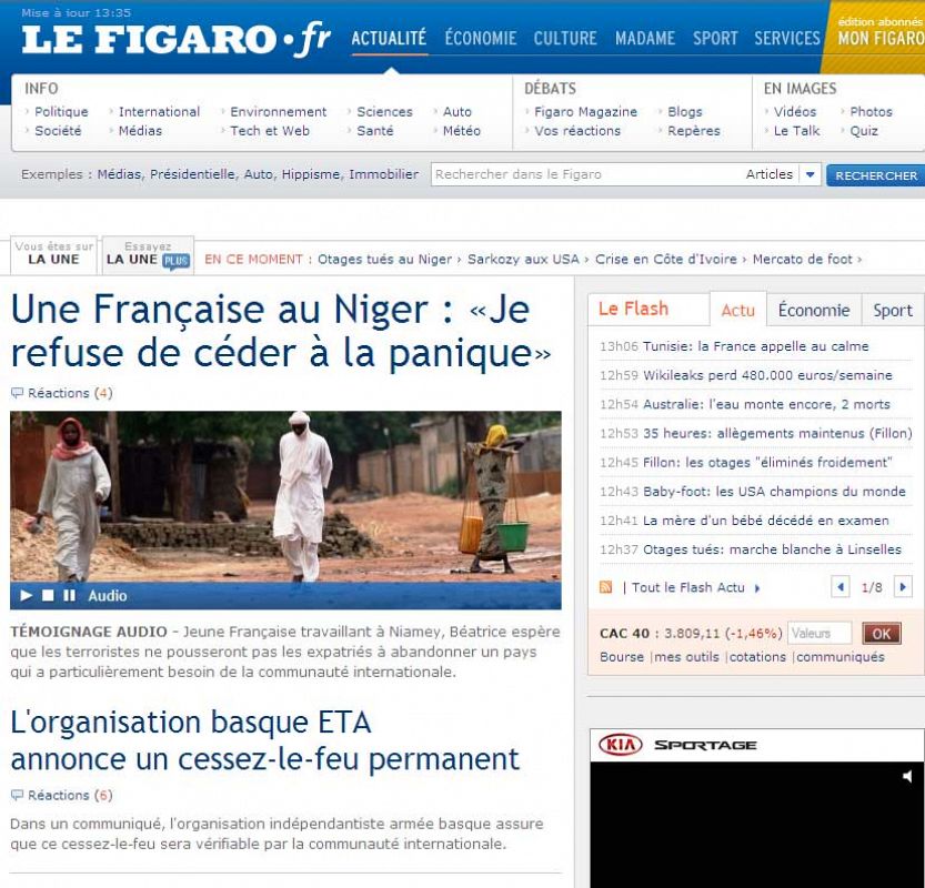 El diario francés Le Figaro recoge en su portada "el alto al fuego permanente" de ETA, a la que denomina "organización vasca".