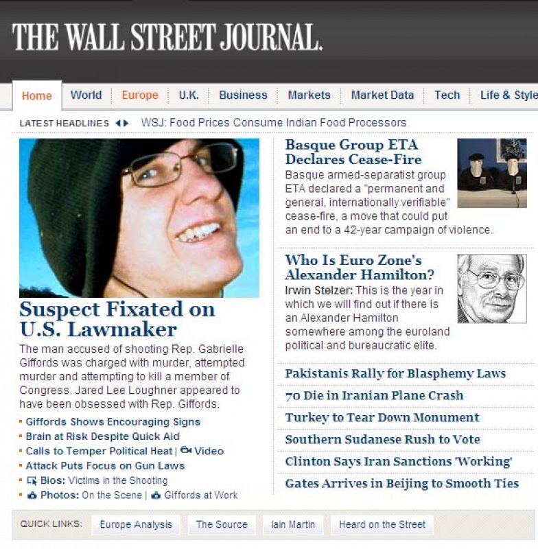 The Wall Street Journal incluye entre sus noticias principales del día el cese al fuego.