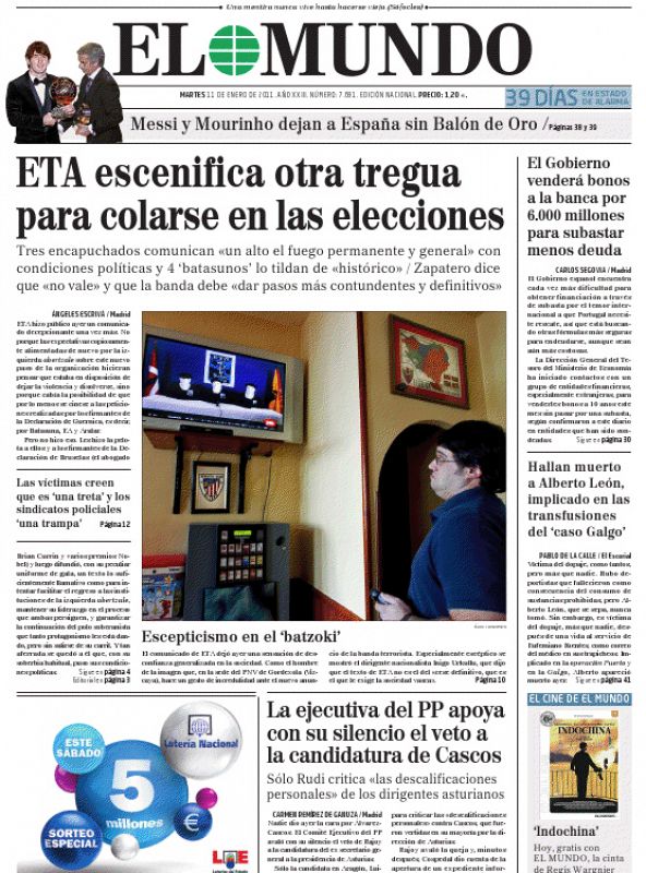 El diario El Mundo titula: "ETA escenifica otra tregua para colarse en las elecciones".