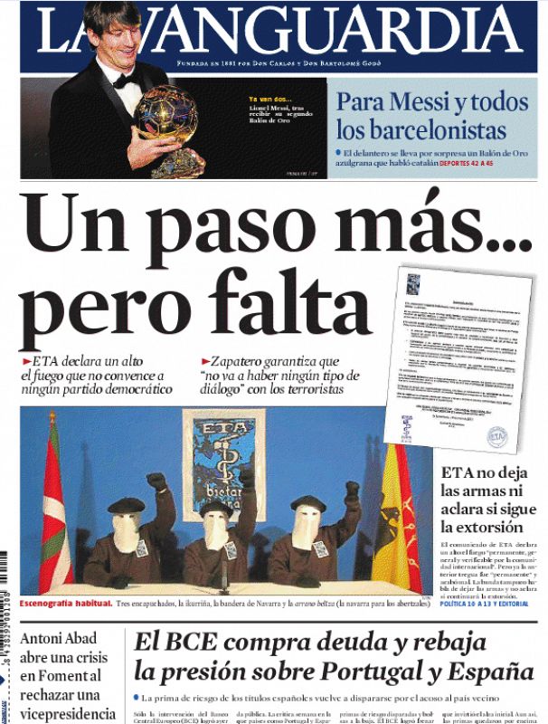 La Vanguardia califica el anuncio de ETA como "un paso más... pero falta".