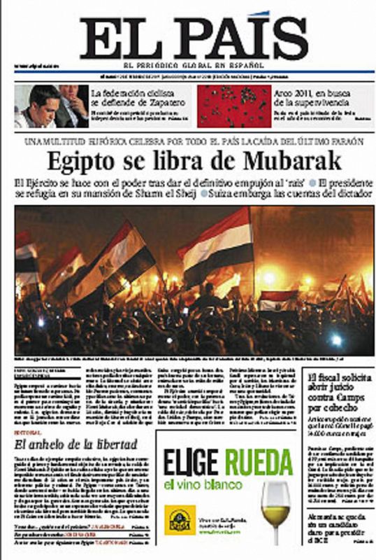 "Egipto se libra de Mubarak", titula El País.