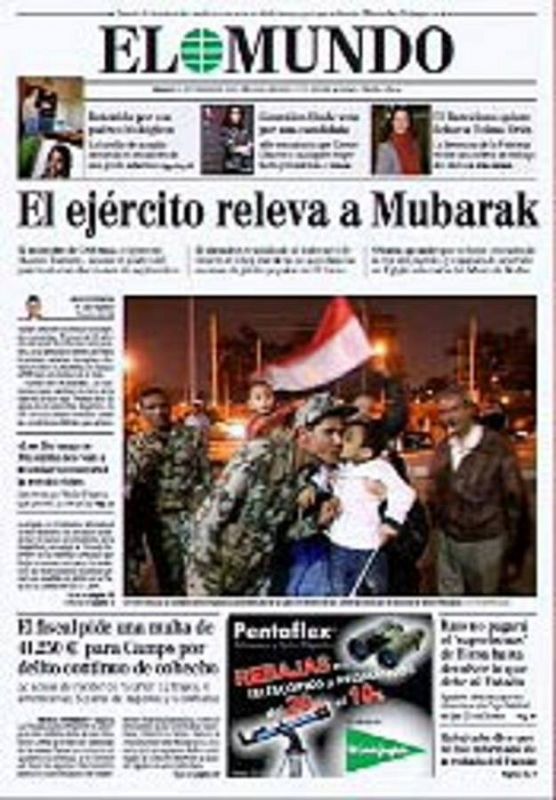 El periódico El Mundo titula: "El Ejército releva a Mubarak".