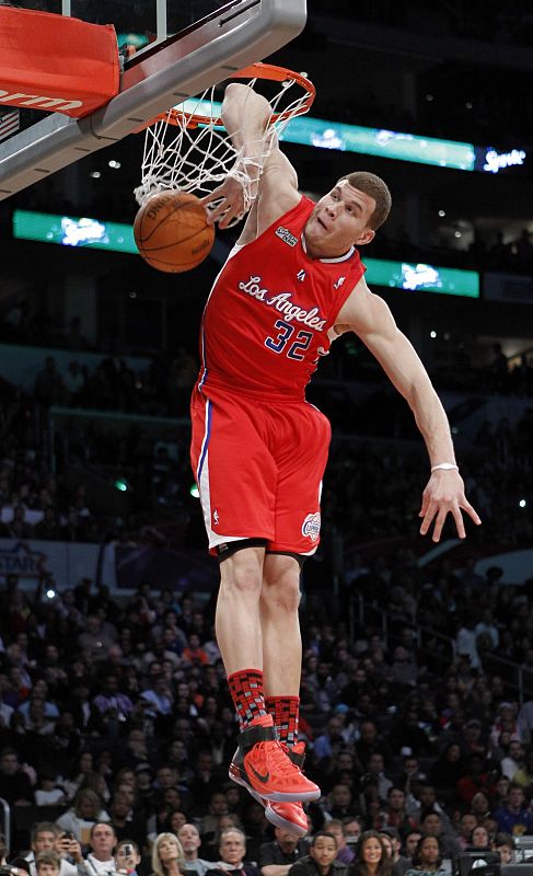Clippers' Griffin competes in the slam dunk contest during the NBA basketball All-Star weekend in Los Angeles