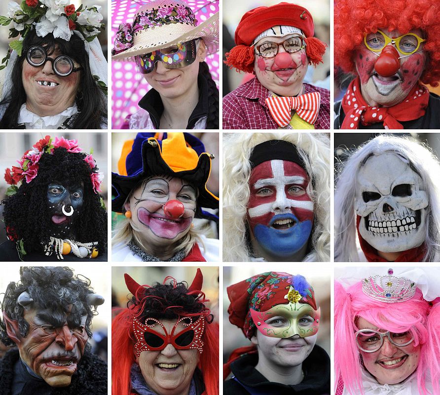 A combo picture shows different faces of performers participating in the biggest Slovak carnival festival in Zilina