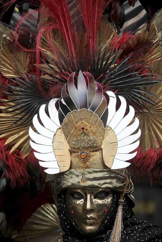 A masked reveller poses in Saint Mark's Square during the Venetian Carnival in Venice