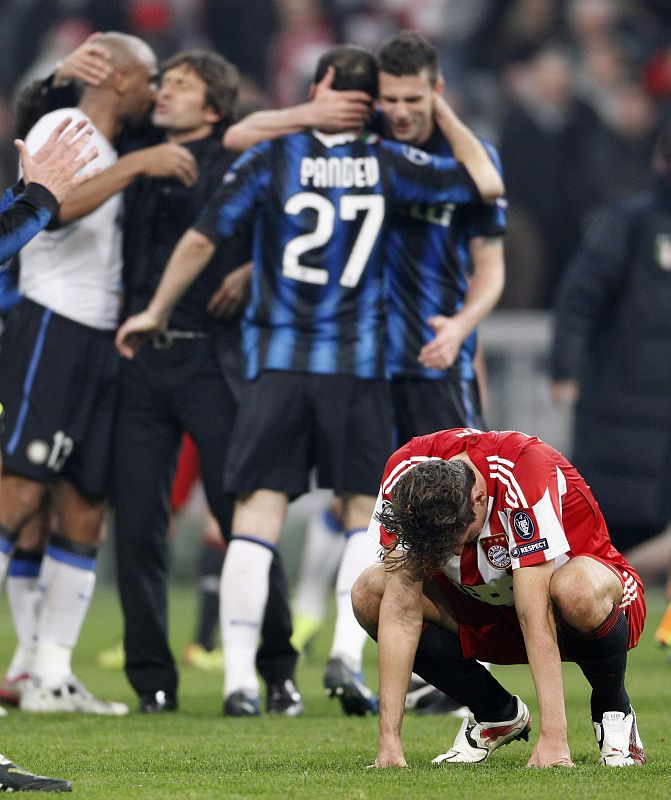 Bayern Munich's Gomez reacts after Champions League soccer match against Inter Milan in Munich