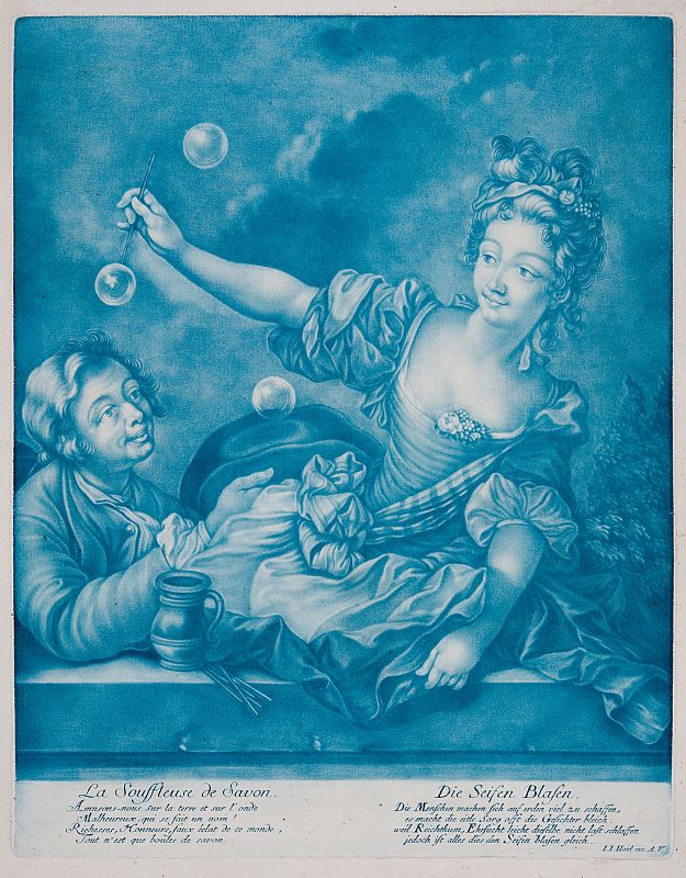 Un grabado del siglo XVIII presenta la escena de unos jóvenes jugando con pompas de jabón.