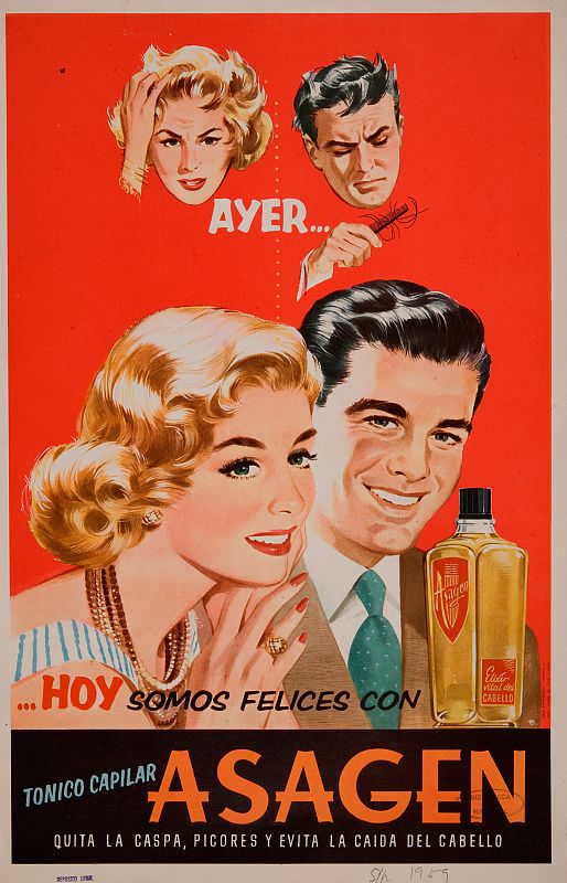 El tónico capilar Asagen para el cuidado del cabello concede en su publicidad cierto protagonismo al envase del producto que aparece en primer plano.