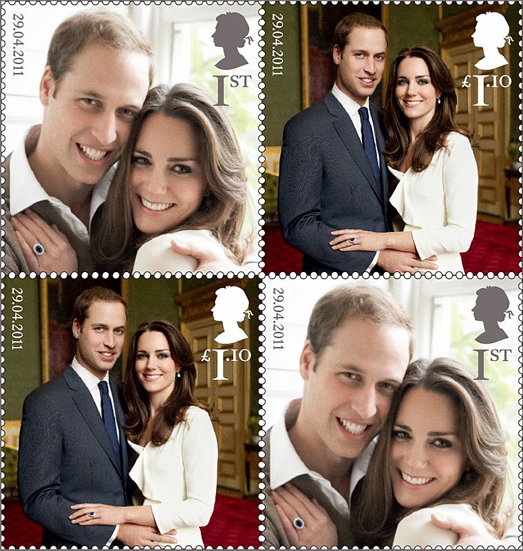 El Royal Mail (correos británicos) va a celebrar la boda del príncipe Guillermo de Inglaterra y Kate Middleton con la emisión de estos sellos postales especiales, que serán emitidos este 21 de abril, ocho días antes del enlace y día del cumpleaños de