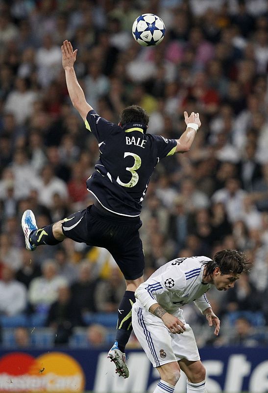 Tottenham Hotspur's Bale and Real Madrid's Ramos fight for the ball during the first leg of their Champions League quarter-final soccer match in Madrid