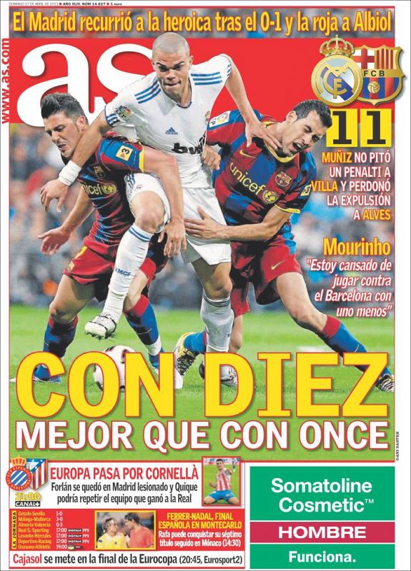 Portada del diario deportivo As del domingo 17 de abril de 2011