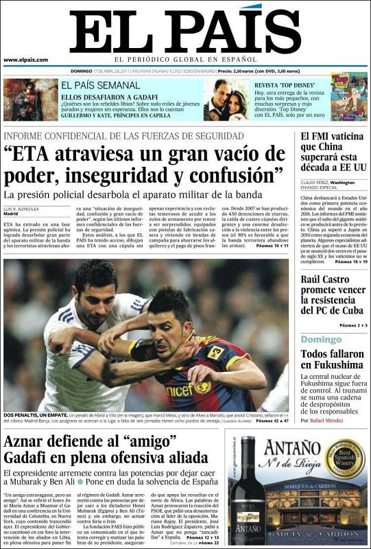 Portada del diario El País del domingo 17 de abril de 2011