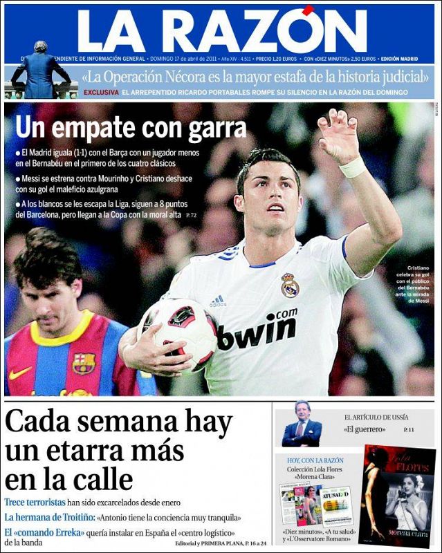 Portada del diario La Razón del domingo 17 de abril de 2011