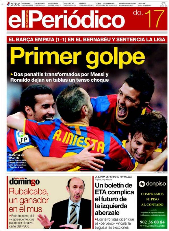 Portada del diario El Periódico del domingo 17 de abril de 2011