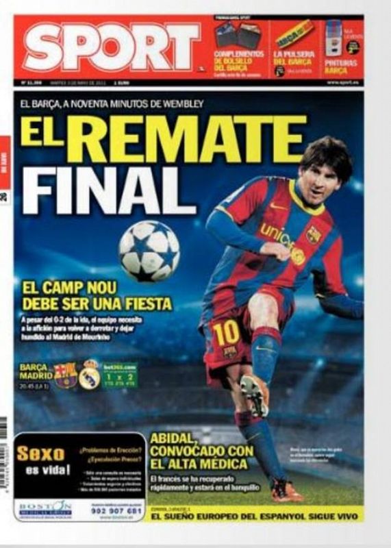 En el diario Sport titulan "El remate final" con una imagen del delantero argentino tirando a puerta. "Barcelona, a noventa minutos de la final de Wembley", es el antetítulo. Y hacen un llamamiento a la afición, para que anime al equipo: "El Camp Nou
