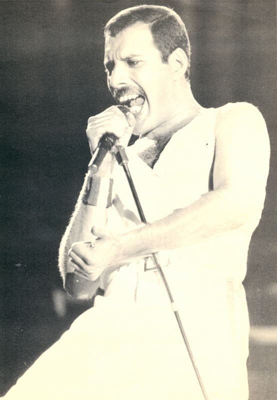 Freddie Mercury, micrófono en mano en un concierto.