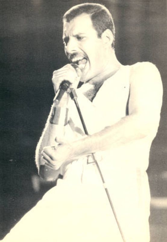  Freddie Mercury, micrófono en mano en un concierto.