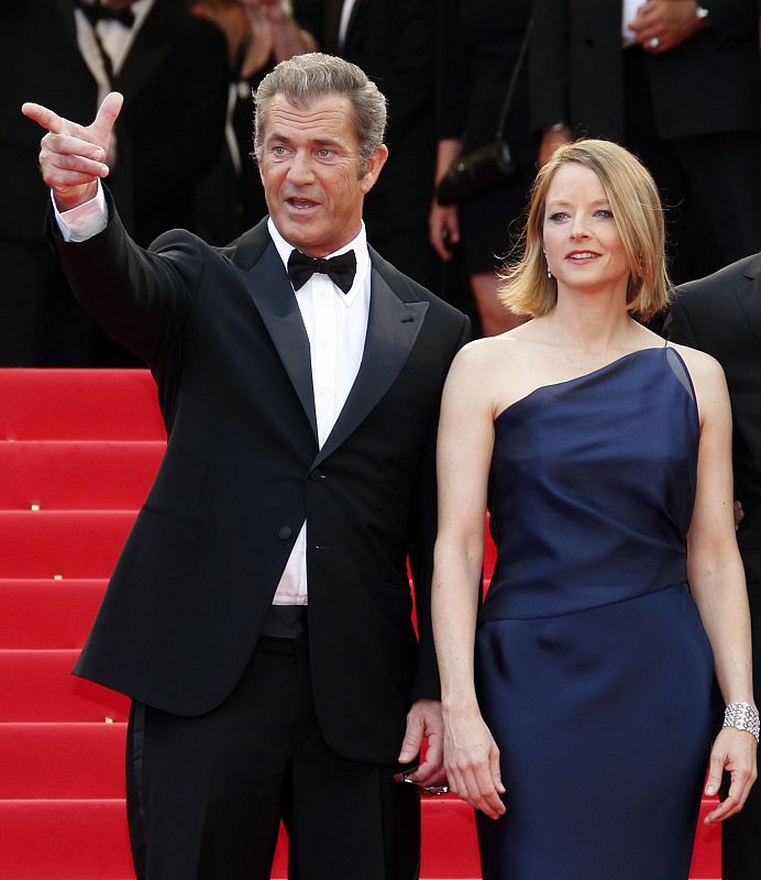 Cast member Gibson and director and cast member Foster arrive on the red carpet for the screening of the film The Beaver at the 64th Cannes Film Festival