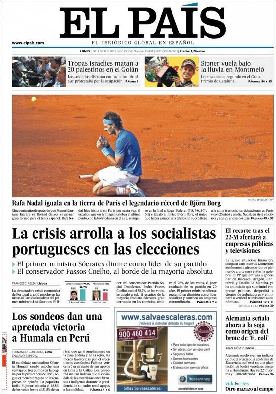 "Rafa Nadal iguala en la tierra de París el legendario récord de Björn Borg", dice El País.