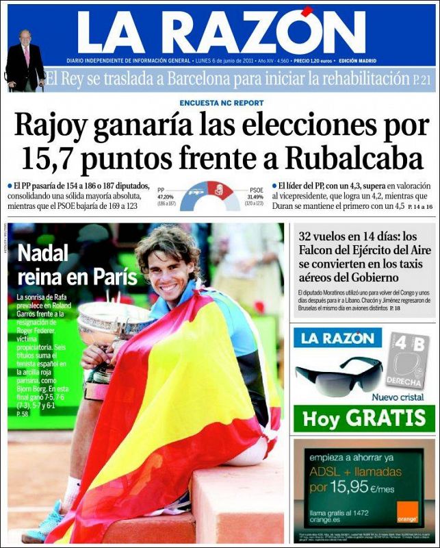 En La Razón destacan: "Nadal reina en París".