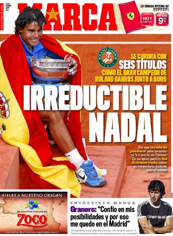"Irreductible Nadal", titula en su portada el diario deportivo editado en Madrid, Marca.