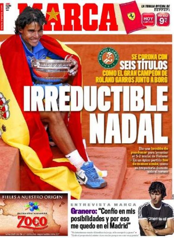 "Irreductible Nadal", titula en su portada el diario deportivo editado en Madrid, Marca.