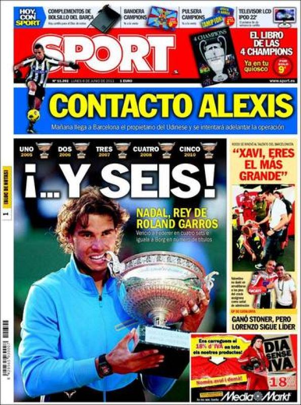  En el diario Sport destacan el número de trofeos de Roland Garros que lleva Rafa Nadal con un expresivo: "¡Y seis!".