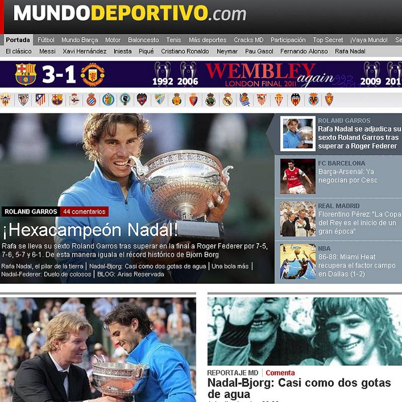 "Hexacampeón Nadal", dice El mundo deportivo en su edición digital.