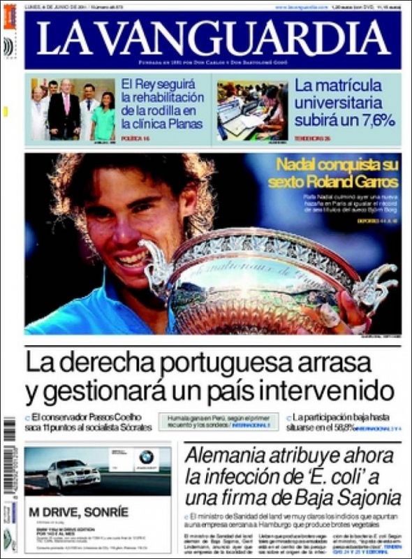 La Vanguardia también abre su periódico con un "Nadal conquista su sexto Roland Garros" y una imagen de Nadal mordiendo su trofeo.