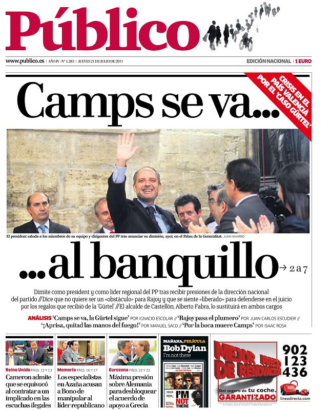 PÚBLICO: "Camps se va... al banquillo"