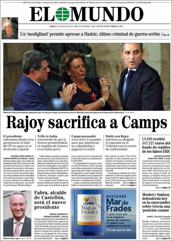 EL MUNDO: "Rajoy sacrifica a Camps"