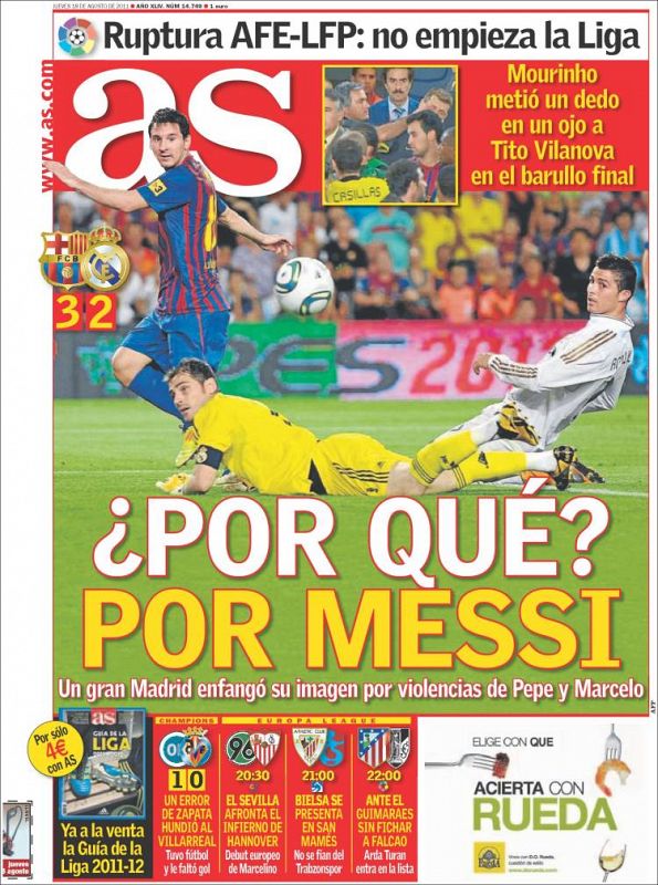 La prensa madrileña hace un juego de palabras con el famoso " ¿ Por qué ? " de Mourinho y destacan el juego del Leo Messi quien ha propiciado la victoria azulgrana.