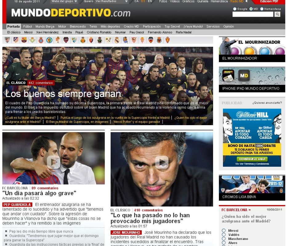 Mundo deportivo destaca el juego azulgrana como uno de los mejores y declaraciones de Guardiola y Mourinho tras el partido.