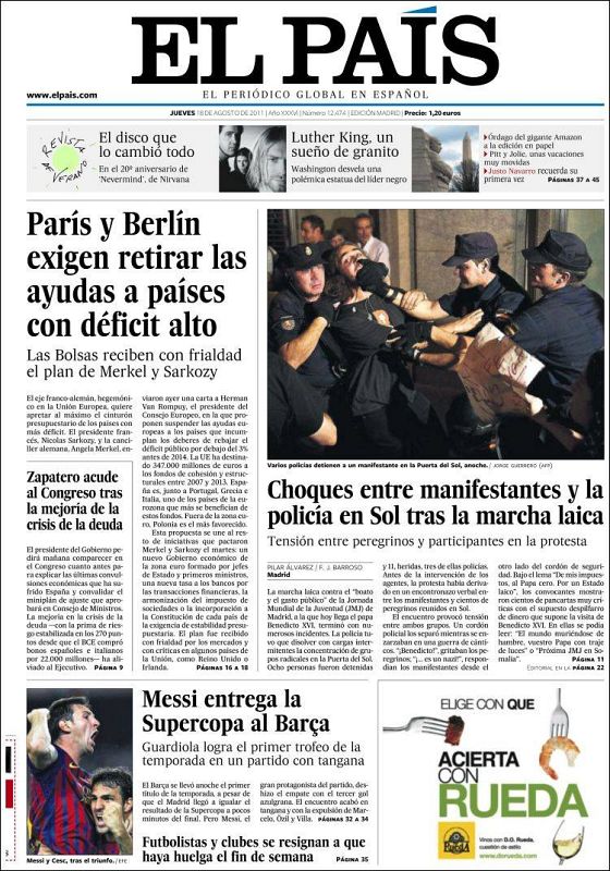 "Messi entrega la Supercopa al Barça " también hace referencia a la tangana al final del partido.