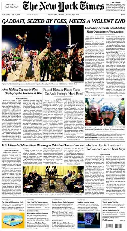 "Gadafi, capturado por sus enemigos, encuentra un violento final", informa el diario 'The New York Times' y elige también imágenes menos duras. Una de la fiesta en Libia y otra de Gadafi, en manos ya de los rebeldes, pero todavía vivo.