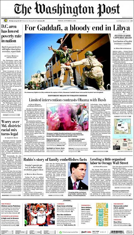 "Para Gadafi, un sangriento final en Libia", titula el estadounidense 'The Washington Post' por encima de una imagen de las celebraciones su muerte. Y también publica más abajo y más pequeña la imagen del dictador muerto