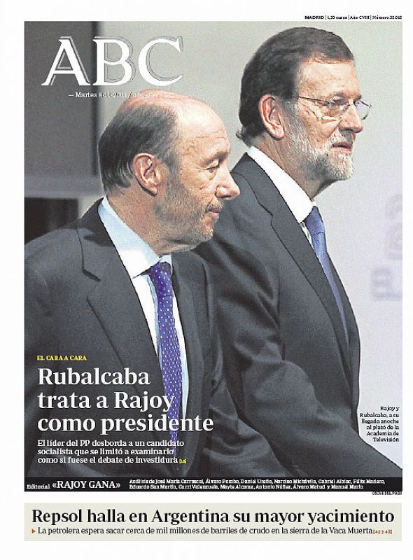 ABC destaca que "Rubalcaba trata a Rajoy como presidente"