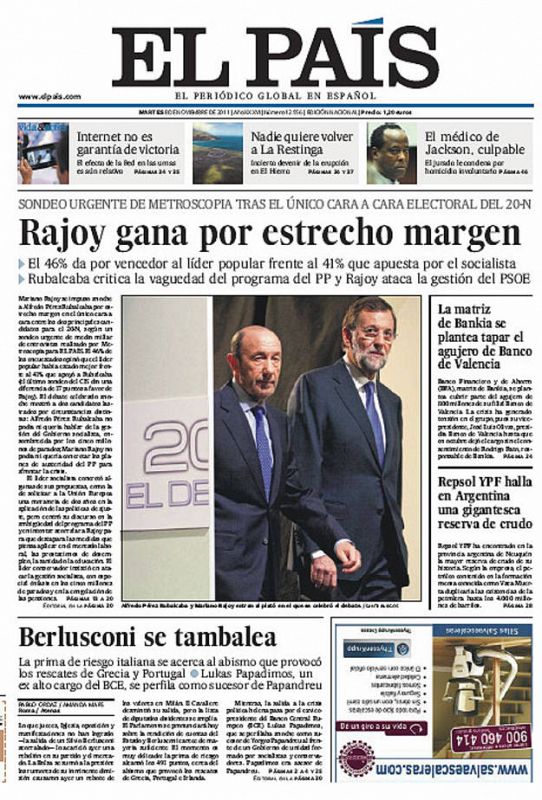 El País titula: "Rajoy gana por estrecho margen"