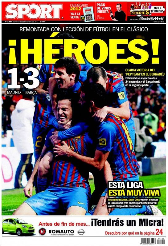 El diario catalán Sport incide en la heroicidad de la victoria en el Santiago Bernabéu.