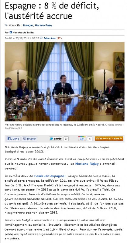 "España: 8% de déficit, la mayor austeridad" titula el diario galo 'Le figaro'