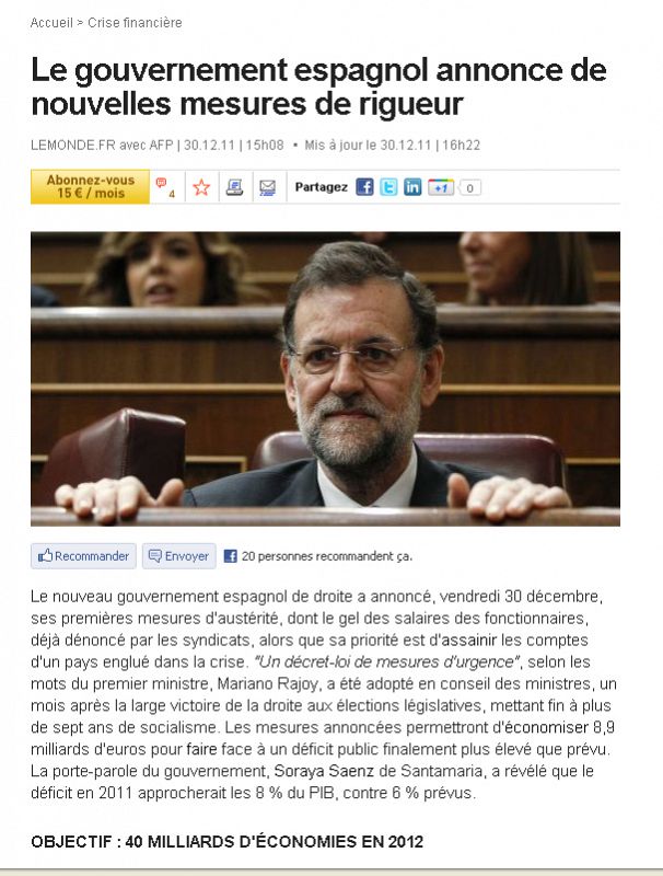 "El Gobierno español anuncia nuevas medidas de rigor" titula el rotativo francés 'Le Monde'