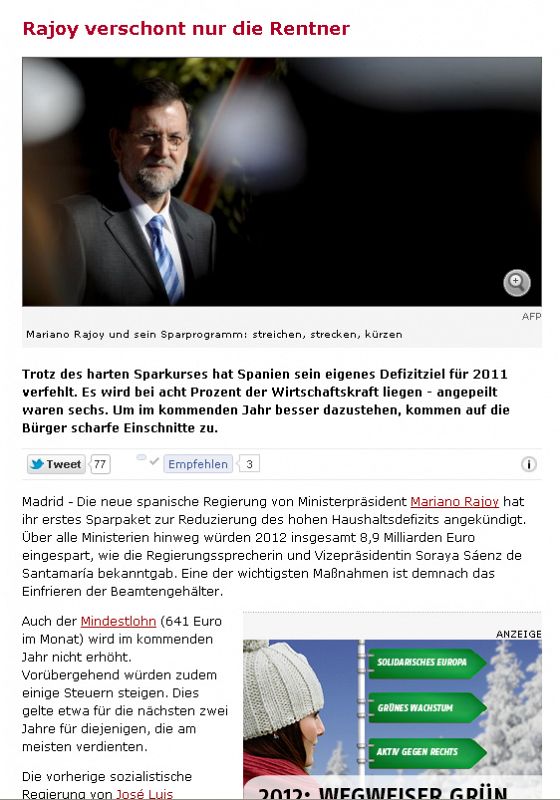 "Rajoy salva solo a los jubilados". Así de contundente se muestra el diario alemán 'Der Spiegel'