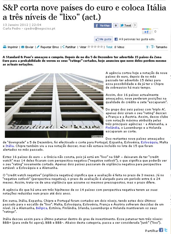 S&P degrada a nueve países del euro y coloca a Italia a tres niveles (del bono) "basura"