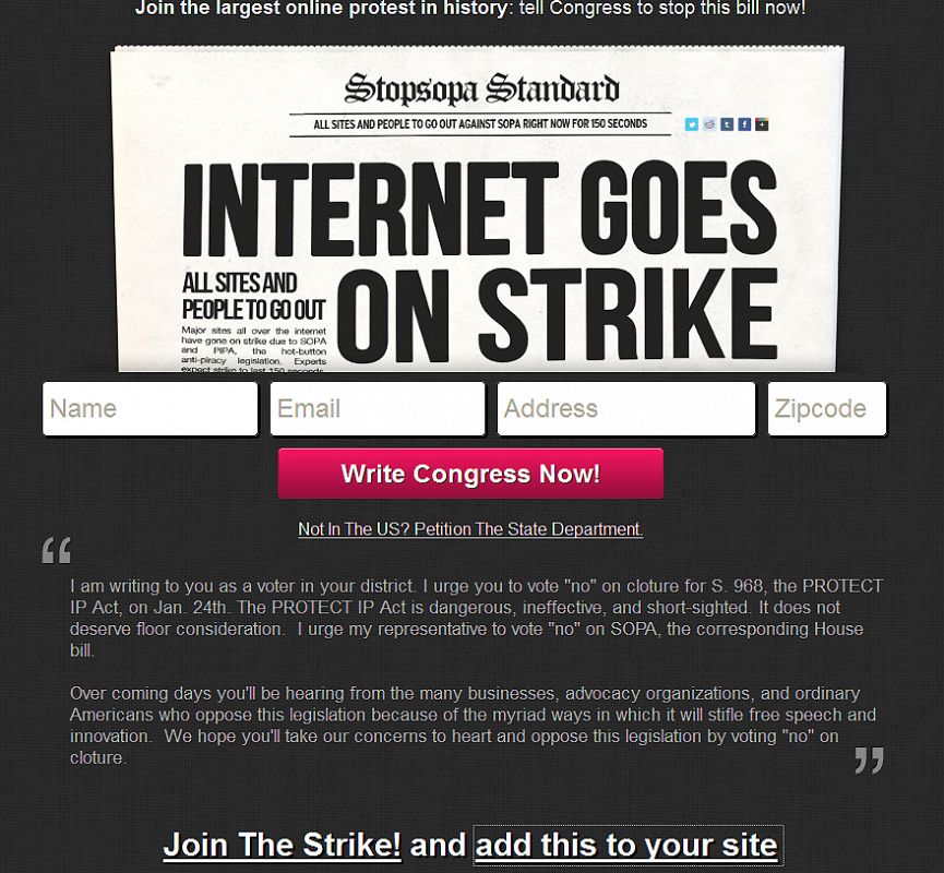 La iniciativa de combatir la Ley SOPA ha partido desde la web 'sopastrike', a la que se han unido miles de plataformas y páginas web, en la que señalan que "Internet va a la huelga".