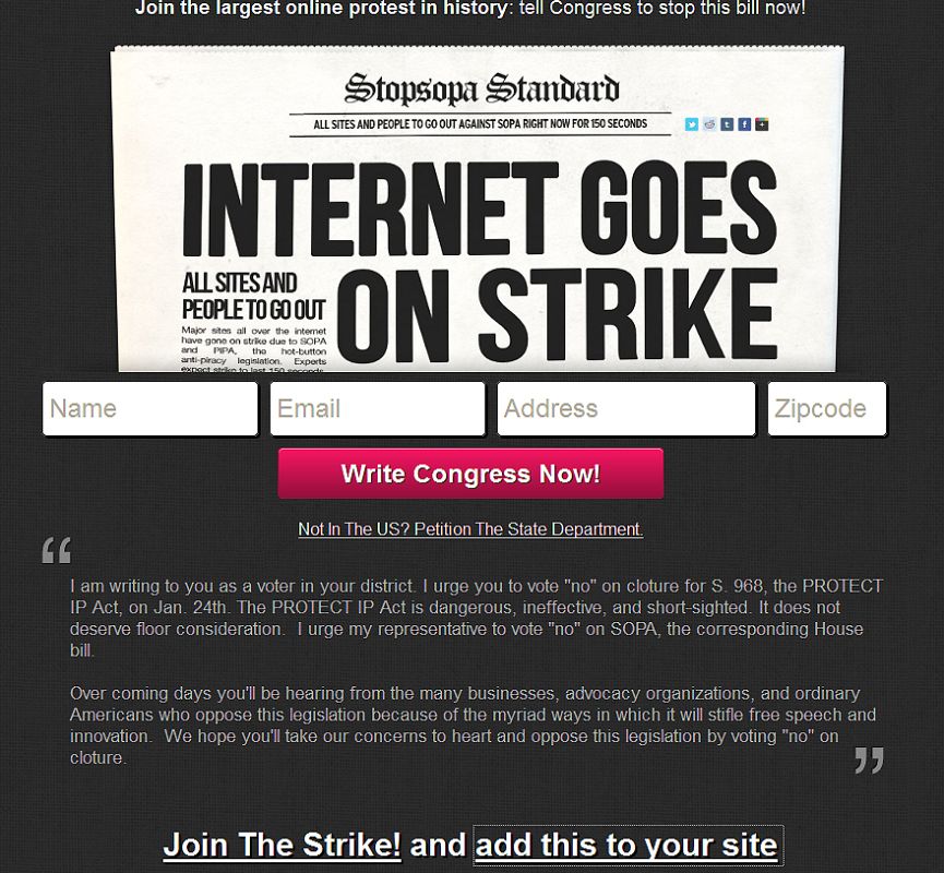 La iniciativa de combatir la Ley SOPA ha partido desde la web 'sopastrike', a la que se han unido miles de plataformas y páginas web, en la que señalan que "Internet va a la huelga".
