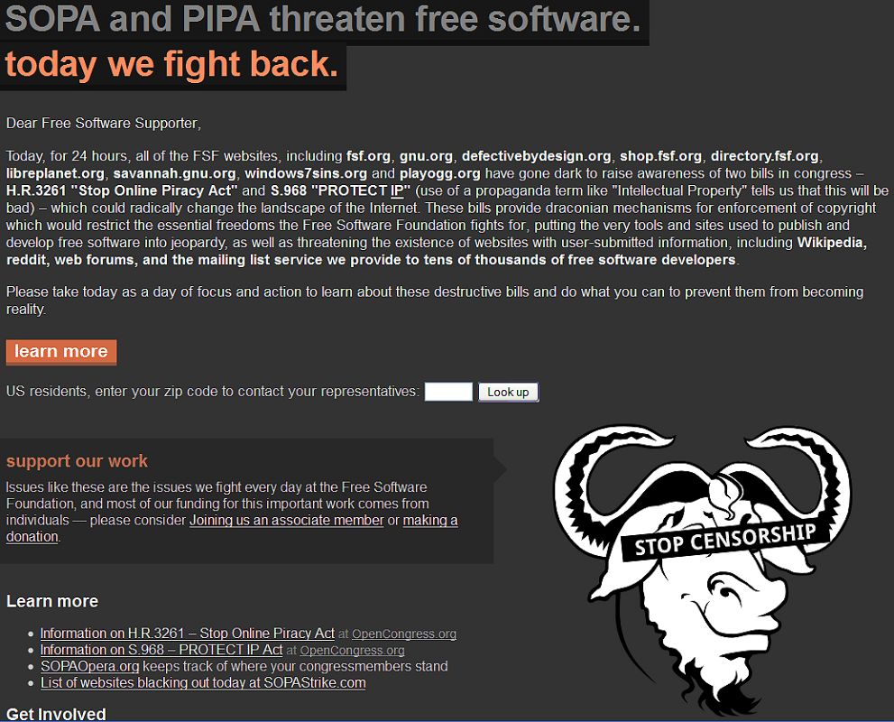 Mensaje contra la Ley SOPA de la web de la Free Software Foundation en su página principal