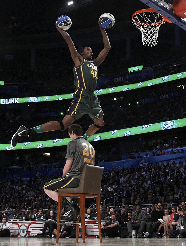 Utah Jazz Evans competes in the slam dunk contest during the NBA All-Star weekend in Orlando